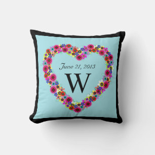 Coussin Mariage du coeur floral monogramme Date