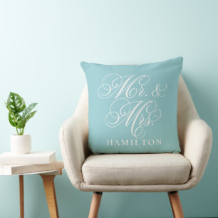 Coussin Mariage élégant aqua écriture Mr et Mrs