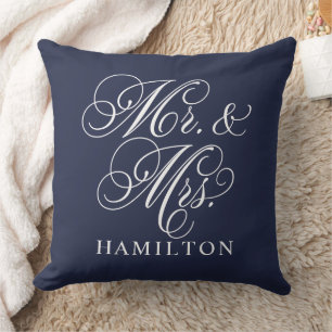 Coussin Mariage élégant bleu minuit Mr et Mrs