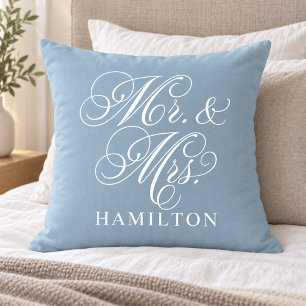 Coussin Mariage élégant écriture Mr et Mrs bleu clair
