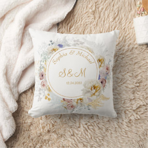 Coussin Mariage Élégant Moderne Monogramme Floral Or