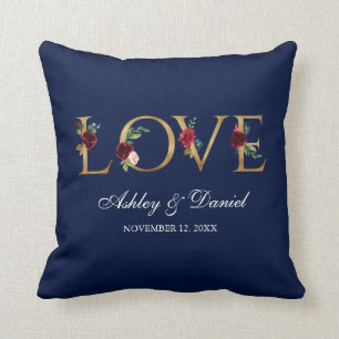 Coussin Mariage floral bleu d'amour d'or de Bourgogne