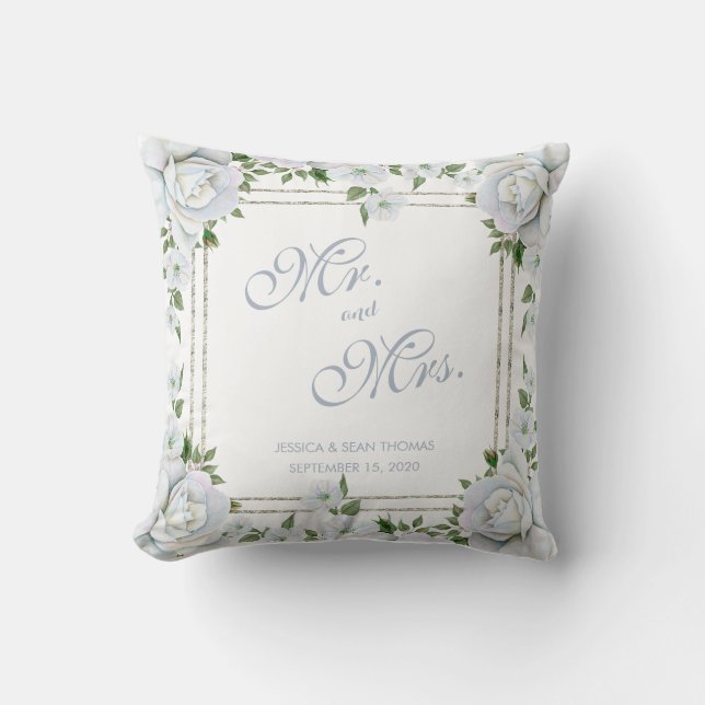 Coussin Mariage floral chic roses et bordure argentée (Recto)