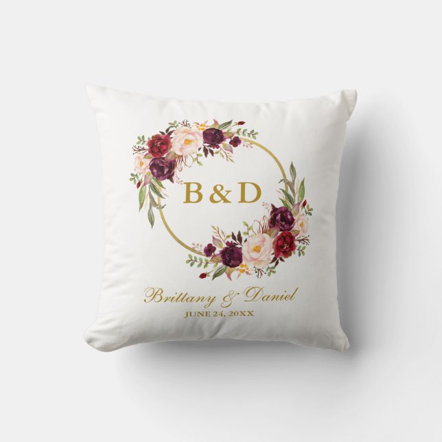 Coussin Mariage floral de monogramme d'or de guirlande de (Recto)