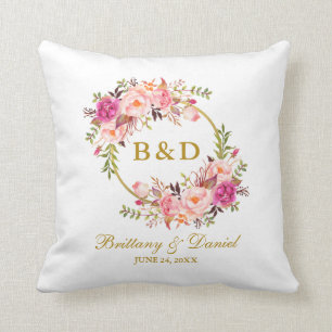 Coussin Mariage floral rose de monogramme d'or de