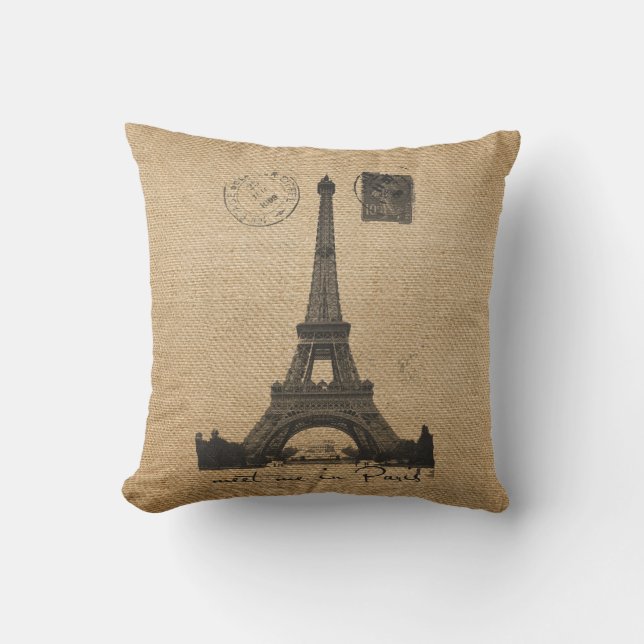Coussin Mariage gai de toile de jute de Tour Eiffel de (Recto)