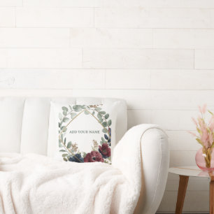 Coussin Mariage Géométrique Floral Bourgogne Navy Or 