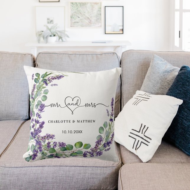 Coussin Mariage lavande eucalyptus wreath m noms (Créateur téléchargé)