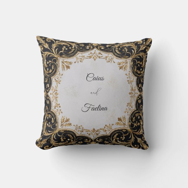 Coussin Mariage Luxueux Noir Baroque Paillettes Or Éblouis (Recto)