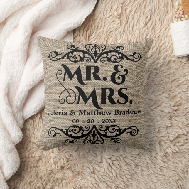 Coussin Mariage M. et Mme. Aspect Burlap Rustique (Couverture)