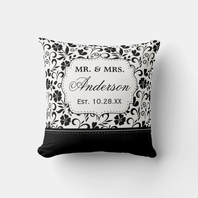 Coussin Mariage marié floral de damassé blanche noire (Recto)