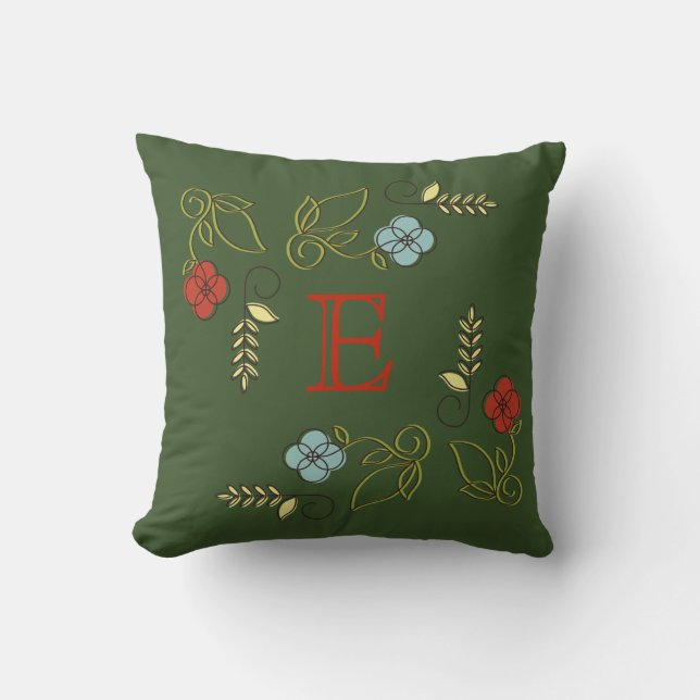 Coussin Mariage Monogram Dark Green Flowers (Recto)