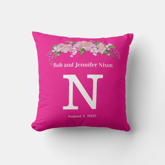 Coussin Mariage Monogramme avec Fleurs roses (Recto)