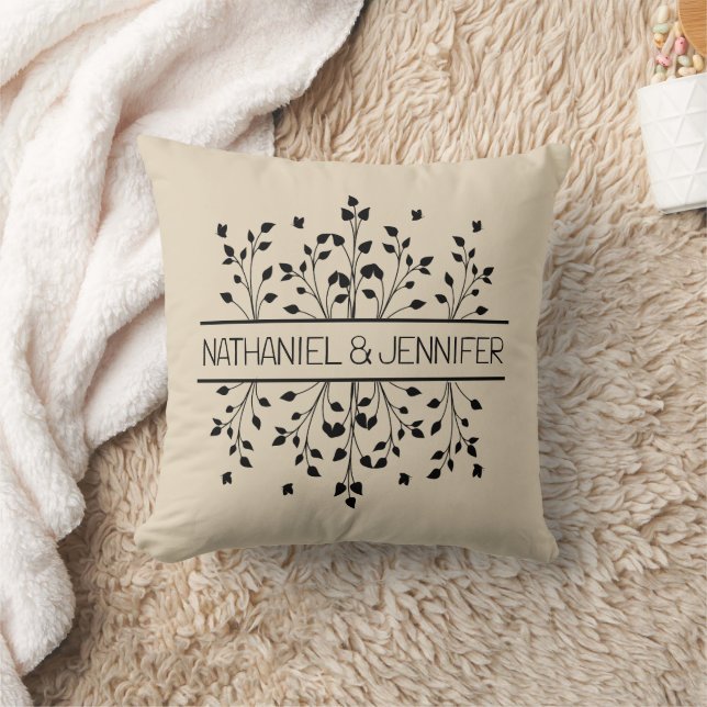 Coussin Mariage Monogramme Cadre Floral Brun & Noir (Couverture)
