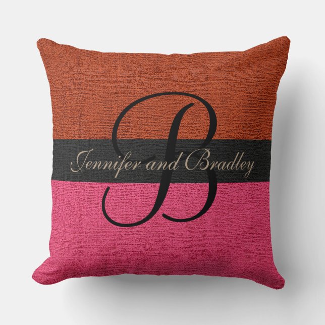 Coussin Mariage Monogramme élégant en brique rouge et rose (Recto)