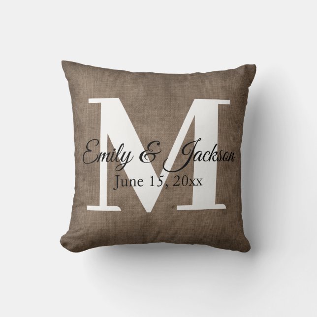 Coussin Mariage Nom de Famille Monogramme Lin Brun Rustiqu (Recto)