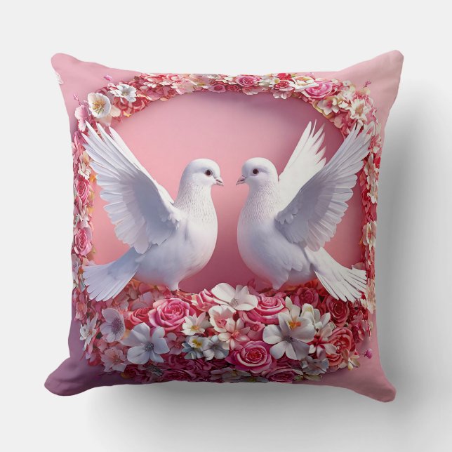 Coussin Mariage Oiseaux de l'Amour Colombes Blanches Roman (Recto)