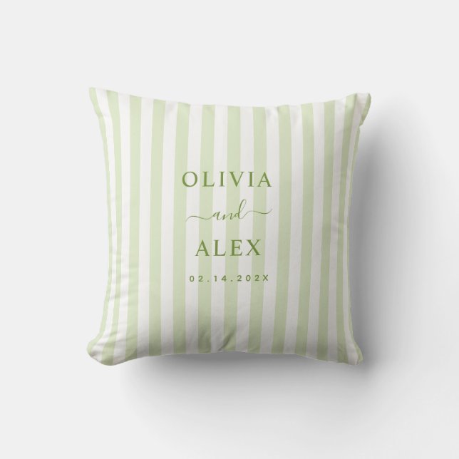 Coussin Mariage Personnalisé à Rayures Rétro Vertes  (Recto)