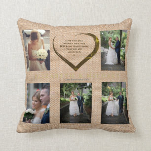 Coussin Mariage Photo Collage Rustique Hessian Coeur Citat