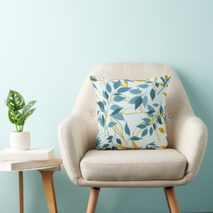 Coussin Mariage Romantique Elegant Blue Gold Leaf