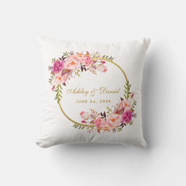 Coussin Mariage rose floral d'or de guirlande d'aquarelle (Recto)