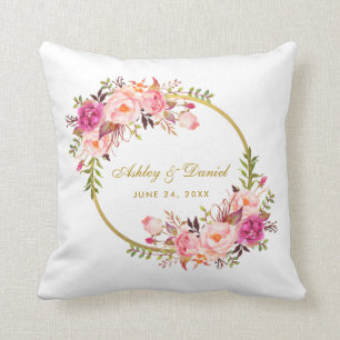 Coussin Mariage rose floral d'or de guirlande d'aquarelle