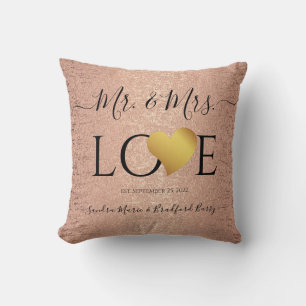 Coussin Mariage Rose Gold Coeur Nom du script M. et Mme.