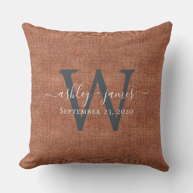 Coussin Mariage Terracotta Linen Monogramme Objet-souvenir (Recto)