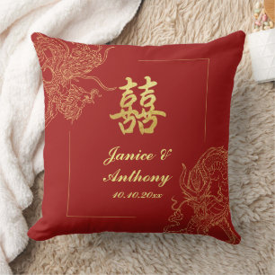 Coussin Mariage traditionnel chinois rouge Dragon Phénix
