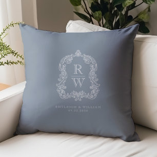 Coussin Mariage Vintage Blason Monogramme Noms Bleu Poussi