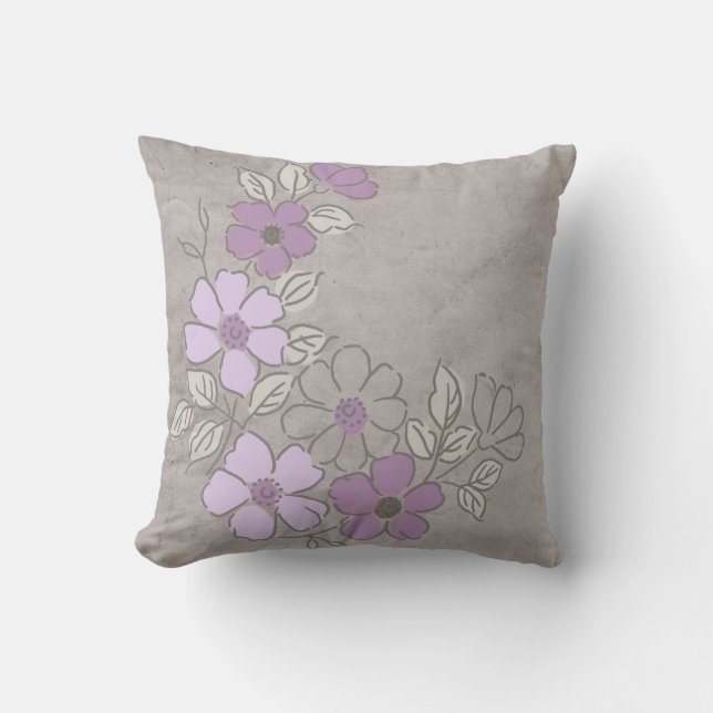 Coussin Mariage Vintage de fleurs violettes et grises (Recto)