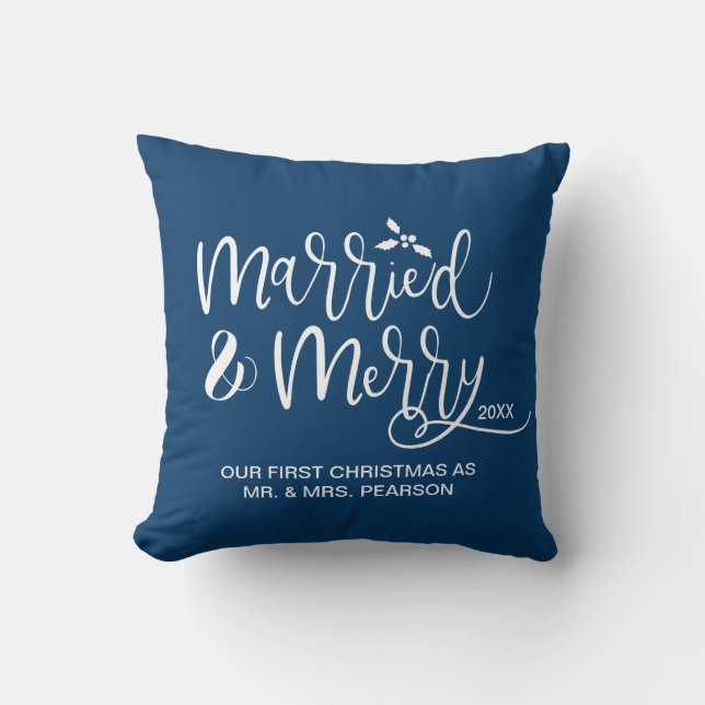 Coussin Marié & Joyeux Notre premier Noël Marié Bleu (Recto)
