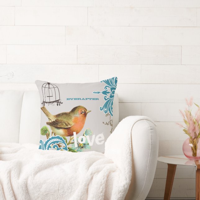 Coussin Mariée à tout jamais sarcelle corail gris oiseau m (Canapé)