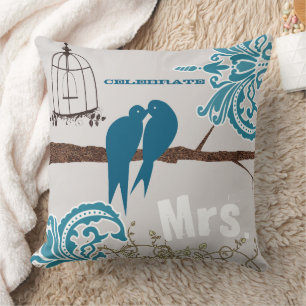 Coussin Mariée Cage à Oiseaux Damassé Sarcelle Colombes S'