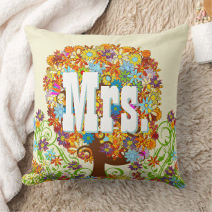 Coussin Mariées personnalisées Corail et Aqua Flower Tree