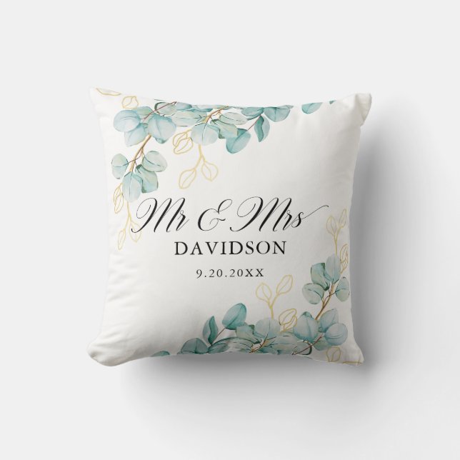 Coussin Mariés Émeraude et Or Eucalyptus Écriture Élégante (Recto)