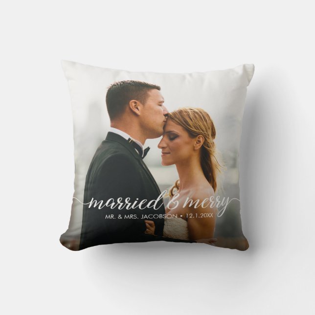 Coussin Mariés et joyeuses noces Photo de premier Noël (Recto)