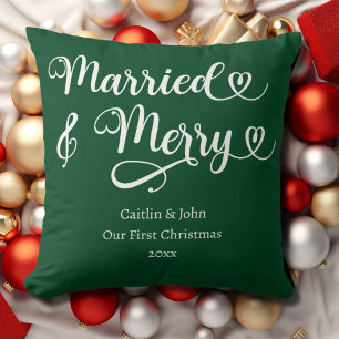 Coussin Mariés et Joyeux Premier Noël Jeune Marié Vert