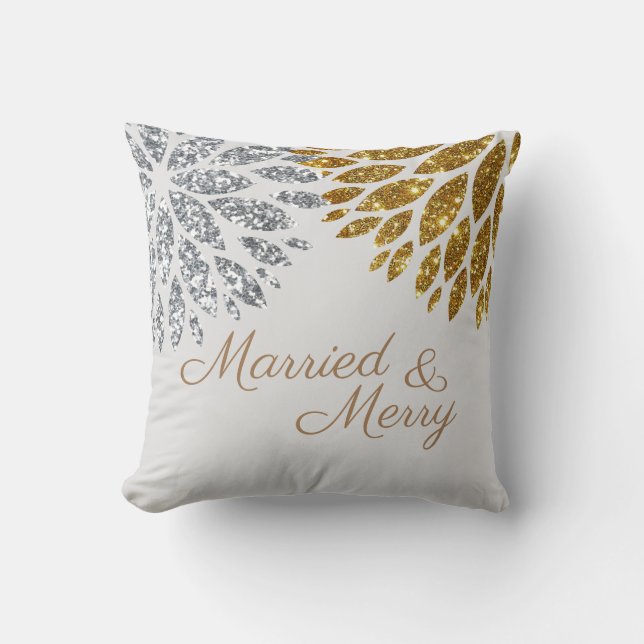 Coussin Mariés Joyeux Noël Paillettes Argent Or (Recto)