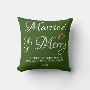 Coussin Mariés & Joyeux Notre premier Noël Mariés Vert