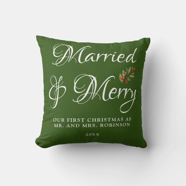 Coussin Mariés & Joyeux Notre premier Noël Mariés Vert (Recto)