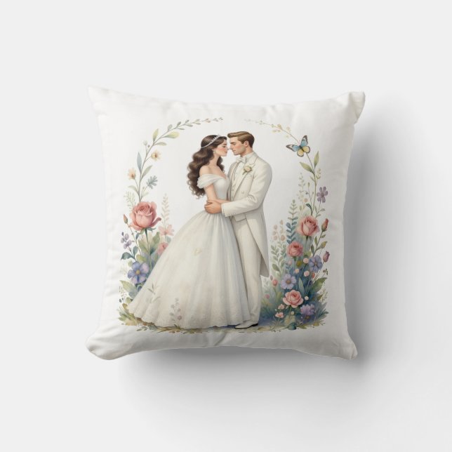 Coussin Mariés Romantiques Élégants Fleurs Couple de Maria (Recto)