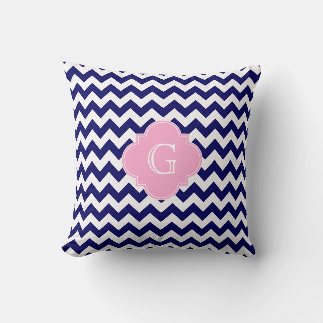 Coussin Marine Blanc Chevron ZigZag Rose Quatrefoil Monogr (Recto)