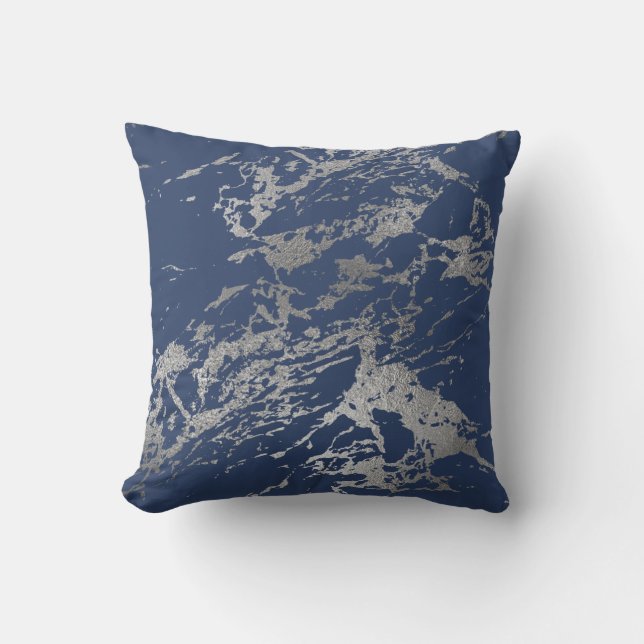 Coussin Marine Bleu Argent Métallurique Roche de marbre (Recto)