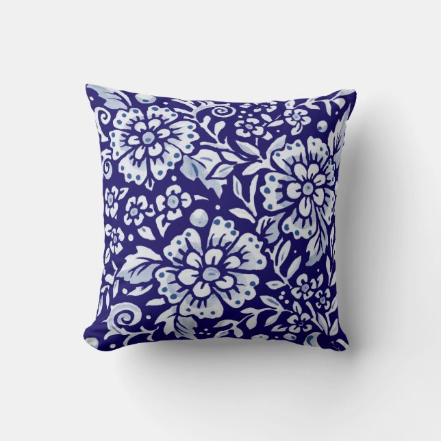 Coussin Marine Bleu Blanc Bold Floral Chinoiserie Design (Recto)