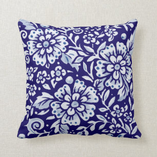 Coussin Marine Bleu Blanc Bold Floral Chinoiserie Design