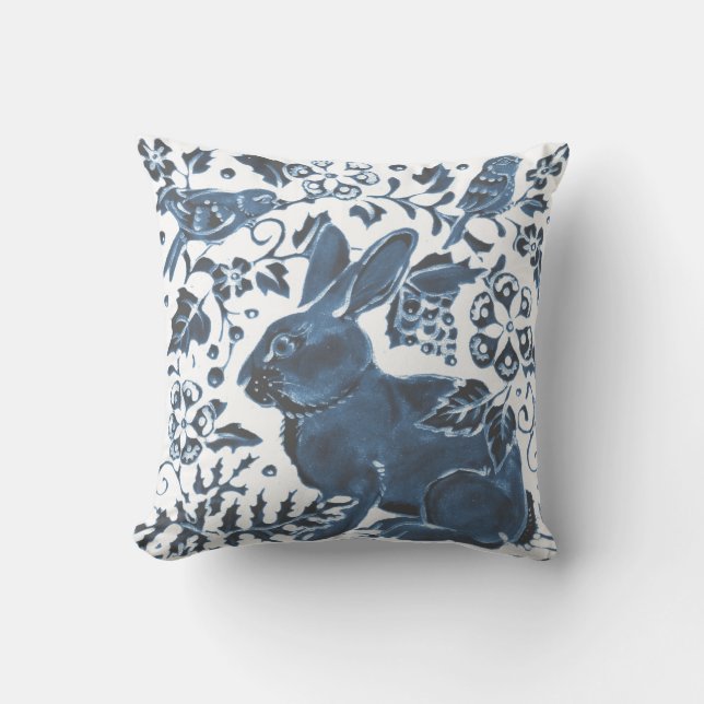 Coussin Marine Bleu Blanc Lapin Oiseau Feuille Art Déco As (Recto)