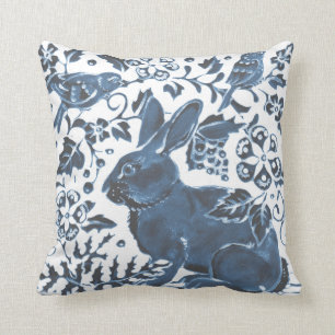 Coussin Marine Bleu Blanc Lapin Oiseau Feuille Art Déco As