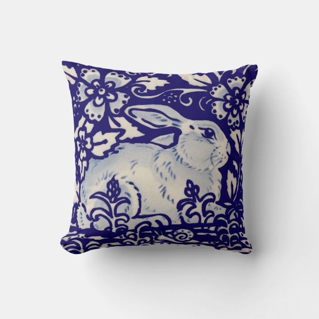 Coussin Marine Bleu Blanc Repose Rabbit Lièvre Chinoiserie (Recto)