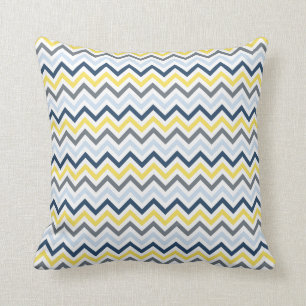 Coussin Marine bleu, bleu clair, jaune et gris Chevron